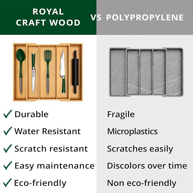 ROYAL CRAFT WOOD Luxury Bamboo Kitchen Drawer Organizer - Silverware Organizer - Utensil Holder and Cutlery Tray with Grooved Drawer Dividers for Flatware and Kitchen Utensils (5 Slot, Natural) - Image 9