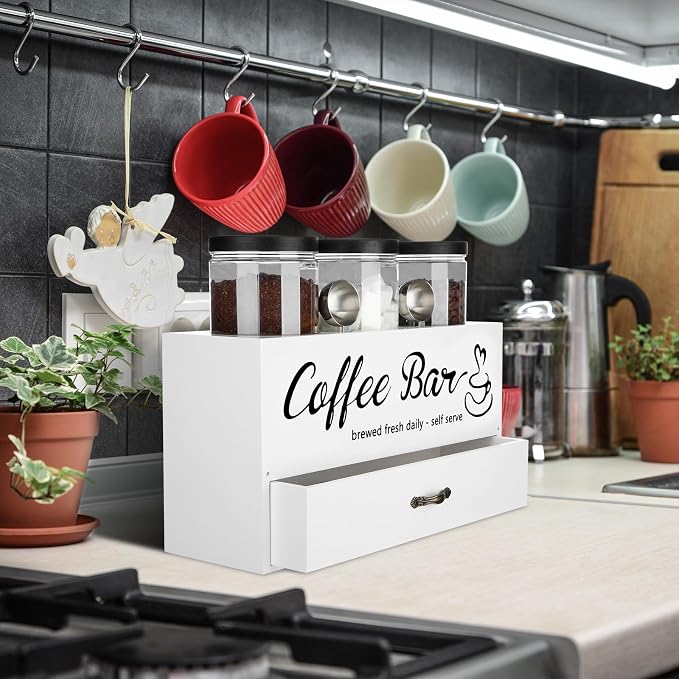 3 Pcs Coffee Bar Containers Set Include Coffee Sugar Container with Lid and Spoon and Double Layer Storage Box with Drawer for Bar Kitchen Countertop(White) - Image 6