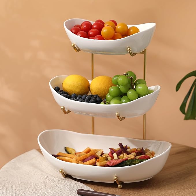 Large Size 3 Tier Ceramic Fruit Bowl,(13.4, 11 and 9.1 inch Plate)More Storage Space, Golden Metal Stand for Kitchen Counter,Porcelain Fruit Basket for Countertop, Snack, Nuts, Cake, Dessert - White - Image 7