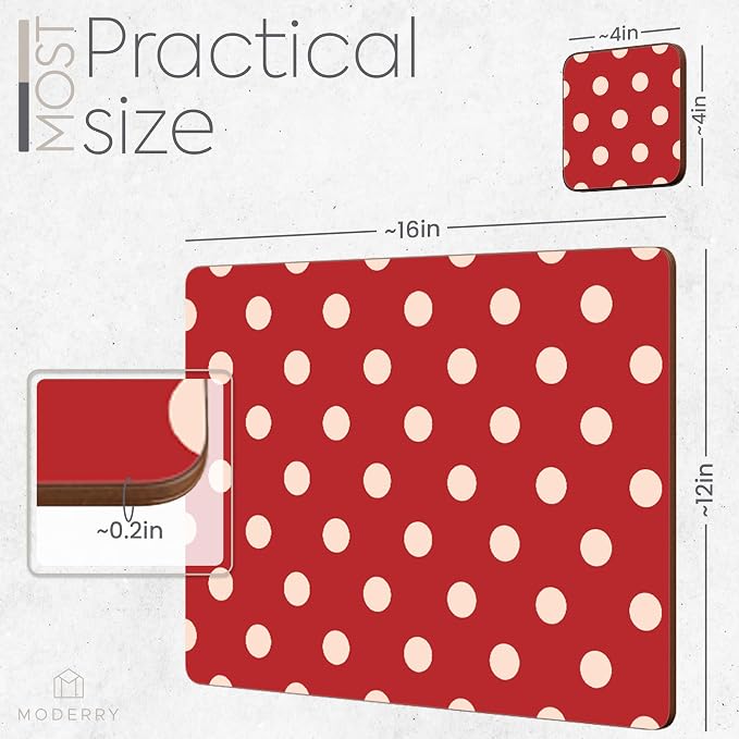 Set of 4 Heat Resistant Cork Placemats for Dining Table with Free Set of 4 Matching Drink Coasters Cream & Red Polkadot Design 16 x 12 Inches Cork Backed Hard Placemats (Red Polkadot) - Image 7