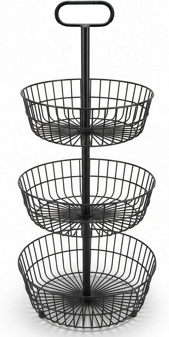 HOSY 3-Tier Metal Round Standing Fruit Basket with Handle, Vegetables Stand | Black, Metal Material, 28.5" Height, 13.5" Diameter, Tool-Free Assembly, for Kitchen Countertop, Dining Table, Party Buffet - Image 8