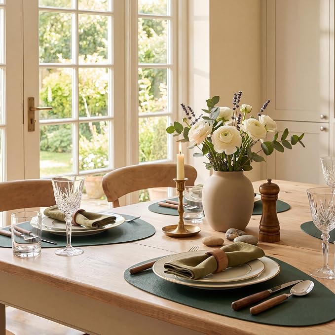 Faux Leather Placemats Set of 4, Wipeable & Washable Table Mats | Waterproof, Heat-Resistant & Easy to Clean Round Place Mats for Dining & Kitchen, 17''x13'', Green - Image 7