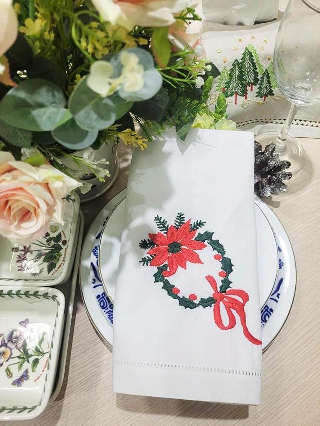 Embroidered Cloth Napkin Poinsettia Wreath Christmas Cotton Napkins Set of 6, 20 x 20 Hemstitch Table Napkins, Machine Washable, Daily & Holidays, Great Gift Ideas - Image 8