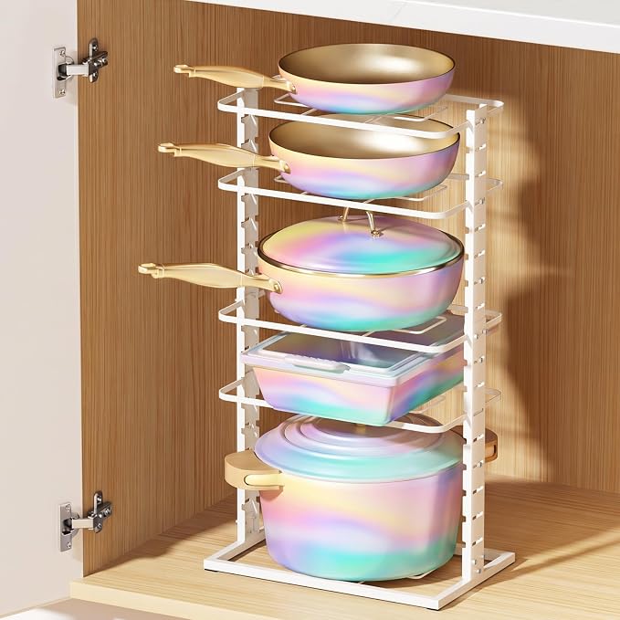 LAMU Pots and Pans Organizer Under Cabinet, 5 -Tier Dual-Pillar Design | Adjustable All-Metal Rack Stores Pots, Pans And Lids in Cabinets, on Countertops or Under Sinks, Holding Up to 55 Lb White - Image 9