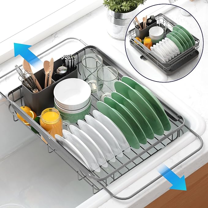 Kitsure Dish Drying Rack for Kitchen Counter,12.2''W x 15.7''~23''L, Grey | Stainless Steel Sink Organization, Cutlery Holder, Home and Appartment Decor by Kitsure