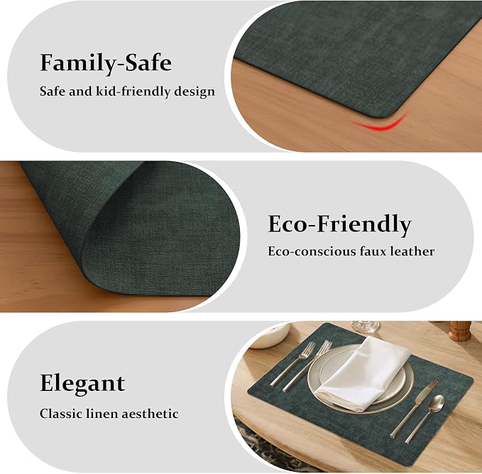 FROMHEART Faux Leather PU Placemats Set of 8 (Dark Green,11.8" x 17") | Waterproof,Heat/Oil Stain-Resistant Table Mat–Reversible,Non-Slip,Easy to Clean Place Mats for Kitchen,Dining,Indoor/Outdoor - Image 7