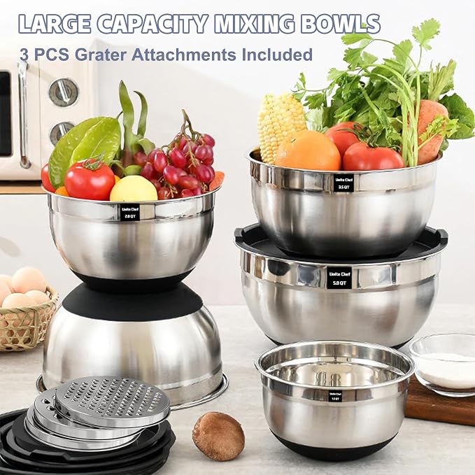 Umite Chef Mixing Bowls with Airtight Lids Set, 8PCS Stainless Steel Nesting Bowls Set, 3 Grater Attachments & Non-Slip Bottoms, Size 5, 4, 3.5, 2, 1.5QT for Baking & Mixing(Black) - Image 8