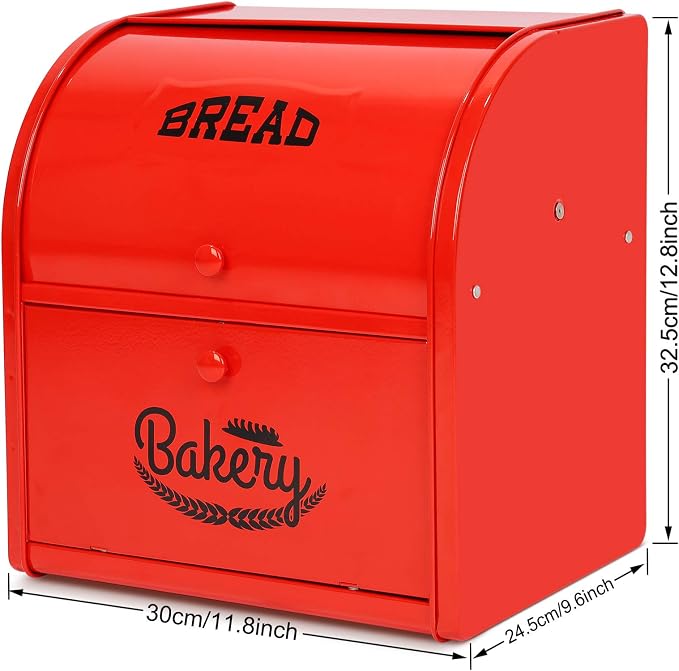 Widousy 2 Layer Metal Bread Boxes, Bread Box Storage Bin Kitchen Container with Roll Top Lid Iron Countertop Containers Metal Food Storage Bread Keeper Large Capacity Home Kitchen Counter(Red) - Image 9