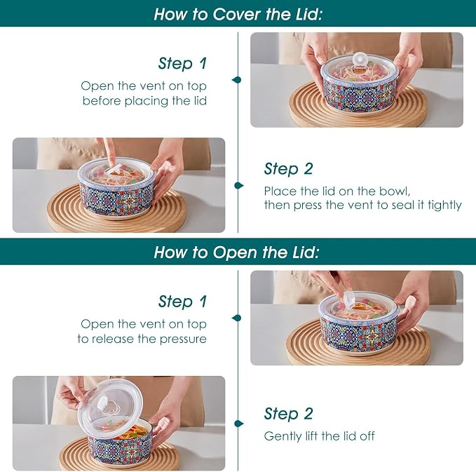 vancasso SIMI 36 oz Ceramic Bowls with Lids Set of 4,Bohemian Serving Bowl | 6 Inch Food Storage Containers Prep Bowls for Leftovers, Soup, Cereal, Meal Prep, Office Lunch, Microwave & Dishwasher Safe - Image 9