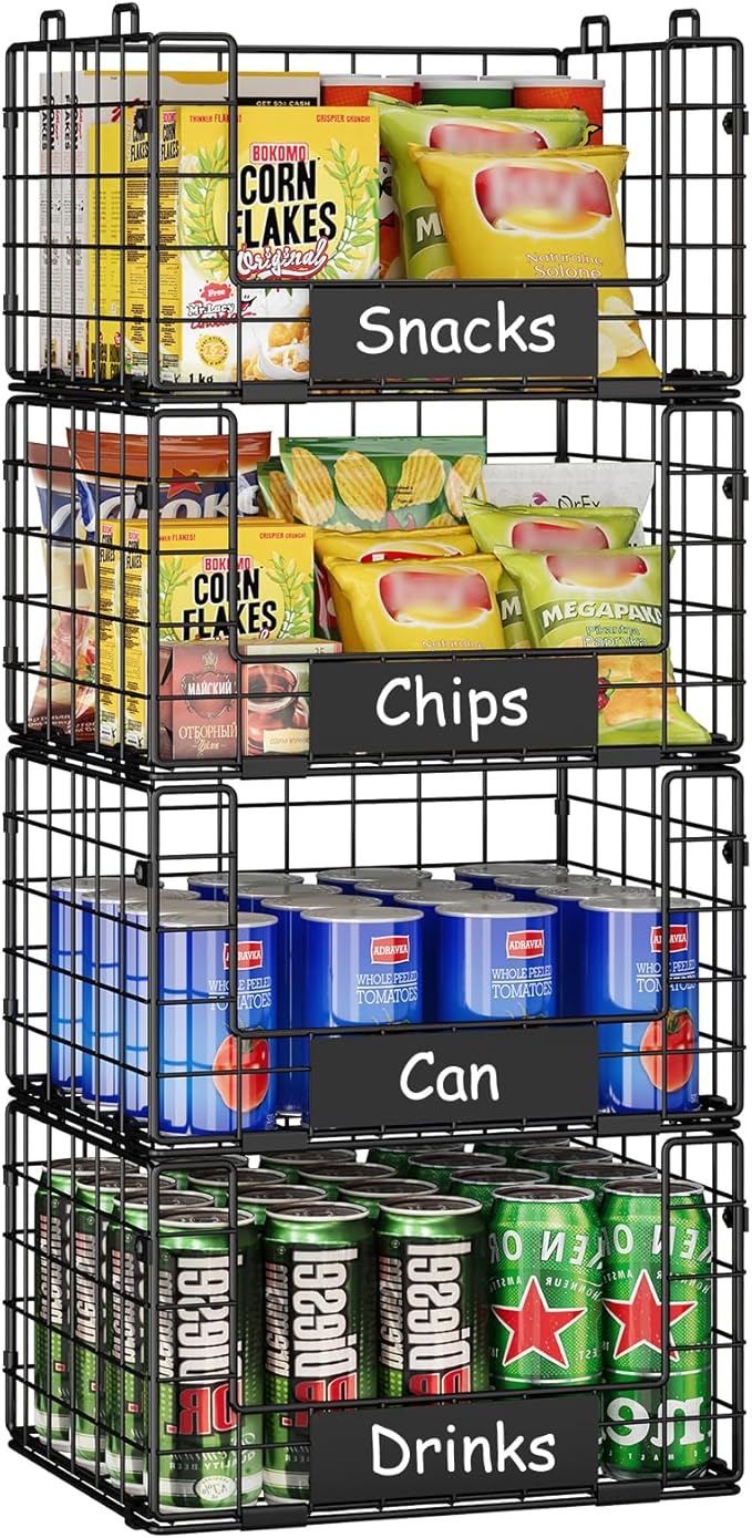 JKsmart 4 Pack XL Stackable Wire Baskets, Pantry Organizers and Storage | Pantry Baskets with Handles and Name Plates, Muti-Purpose for Snack Organizer & Vegetable Basket & Fruit Basket & Snack Rack - Image 8