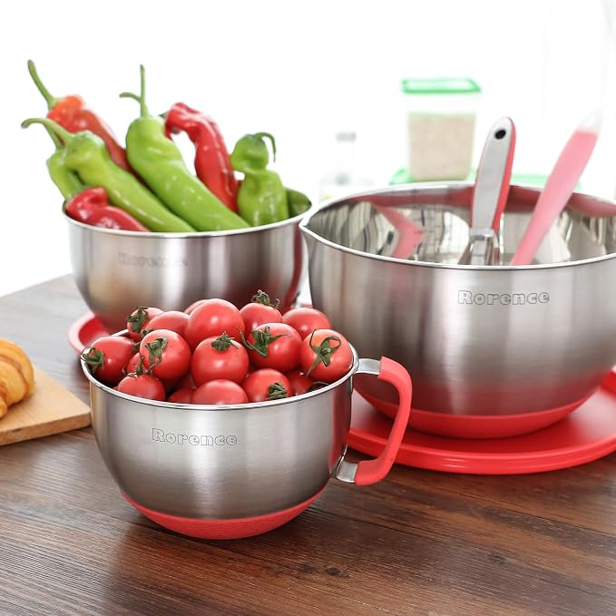 Stainless Steel Mixing Bowls: Metal Mixing Bowl Set with Lids and Handles Non-slip Silicone Bottom Nesting Bowls for Kitchen Set of 3 - Red - Image 7