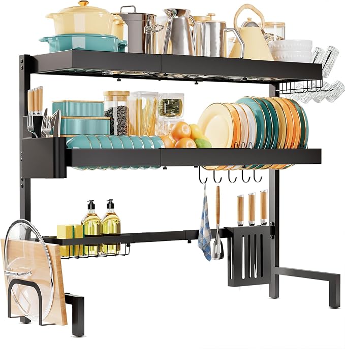 Sakugi 3-Tier Dish Drying Rack Over The Sink, Expandable for Counter | Rustproof Stainless Steel Kitchen Storage Organizer, Space-Saving 31.5"–39.5"Lx12"Wx33"H, Black - Image 5