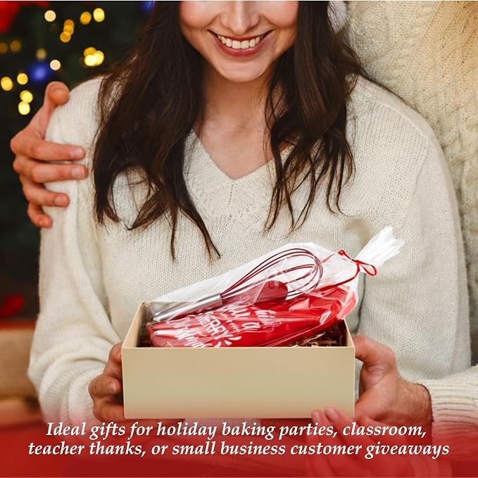 LemonRoad 12 Sets Christmas Whisk Baking Gift Set Xmas Silicone Whisks Oven Mitt Pot Holder Greeting Cards Ribbon Bags for Holiday Kitchen Utensils Cooking Supplies Neighbor Gift(Exquisite,Red) - Image 7