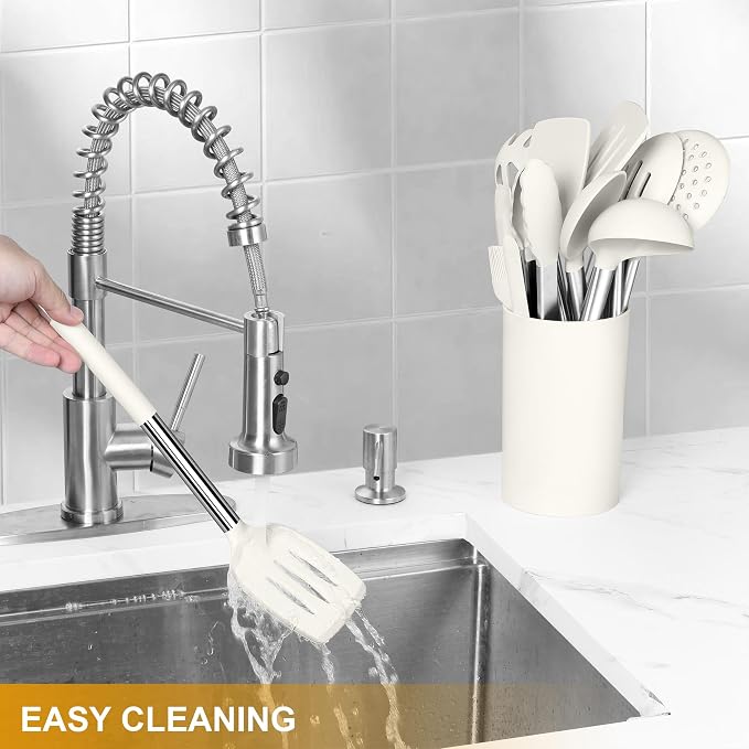 LIANYU 15 Pcs Cooking Kitchen Utensils Set with Stainless Steel Handle | Silicone Kitchen Gadgets with Holder, Heat Resistant Spatula Tools, Brush Spoon Tong Whisk Ladle Turner for Cookware, White - Image 9