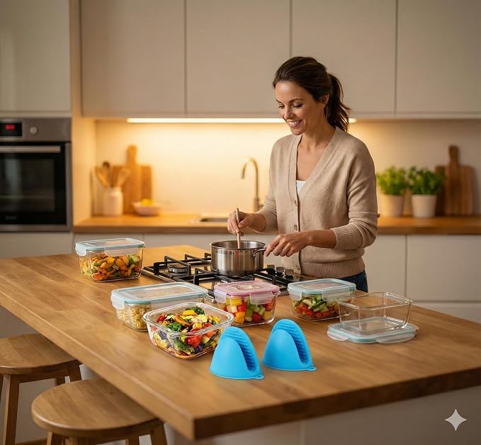 20 Pc Glass Food Storage Containers with Snap Lock Lids, Airtight & Leakproof, Bonus 2 Oven Silicone Gloves, Safe for Dishwasher, Oven, Microwave,Freezer, BPA Free - Image 9