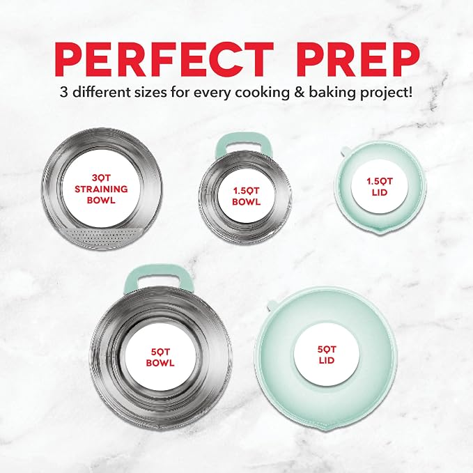 DASH Stainless Steel Mixing Bowls with Lids, Silicone Non-Slip Base with Measuring Lines and Strainer, 3 Bowl Set - 1.5 Quart, 3 Quart, & 5 Quart - Aqua - Image 4