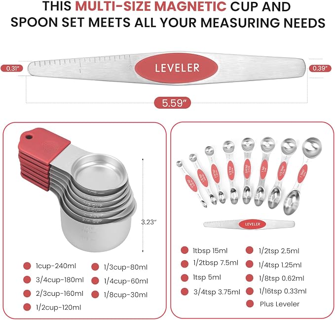 Magnetic Measuring Cups and Spoons Set-Heavy Duty 304 Stainless Steel,Double Measurement Markings,Set of 16 with Leveler for Measure Dry and Liquid Ingredients (Red) - Image 6