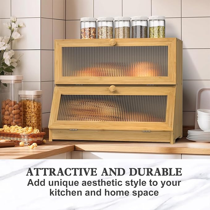LOHASOK Bread Box for Kitchen Countertop, Wood Color | 2-layer, Bamboo, Large, Farmhouse Bread Container Holder Storage, Acrylic translucent window - Image 6