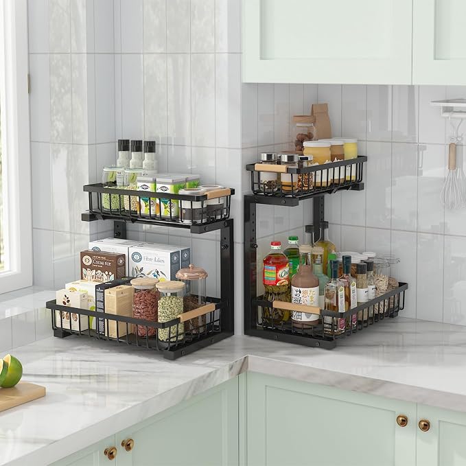 ADRIMER Under Sink Organizer 2 Packs, Pull Out Kitchen Sink Organizer, 2 Tier Slide Out Kitchen Organizers and Storage Bathroom Under Cabinet Storage Shelf, Black - Image 7