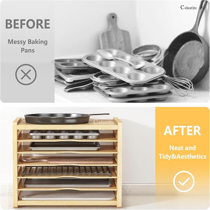 celestite Wooden Tray Dividers for Cabinets, Cookie Sheet Organizer for Cabinet, Baking Sheet Pan Organizer for Kitchen Organizers and Storage (7 Tier 20" Wx16.7 Hx15.2 D) - Image 7