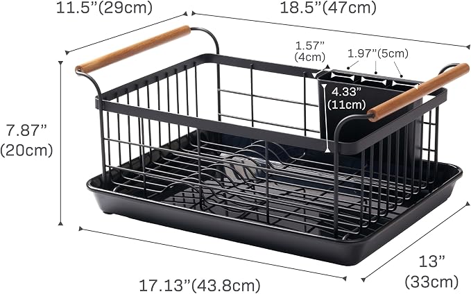 YAMAZAKI Home Dish Drying Rack – Modern Black Dish Rack for Kitchen Counter with Removable Drainer Tray and Cutlery Holder, Steel + Wood Dish Drying Organizer, Small Space-Saving Design - Image 8
