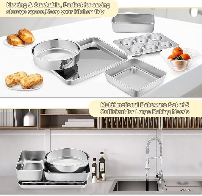 TeamFar Stainless Steel Bakeware Set of 5 | Toaster Oven Baking Roasting Pans, Square/Round Cake Pan, Loaf Pan & Muffin Pan, Healthy & Heavy Duty, Dishwasher Safe - Image 7