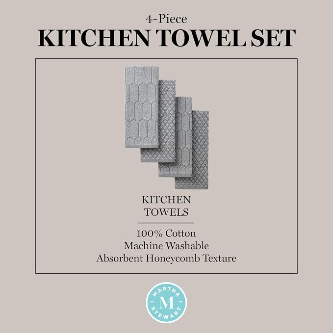 Martha Stewart Honeycomb Chambray Textured Kitchen Towel 4-Pack Set, 100% Cotton with Absorbent Terrycloth, Decorative Kitchen Towels, Grey, 16"x28" - Image 5