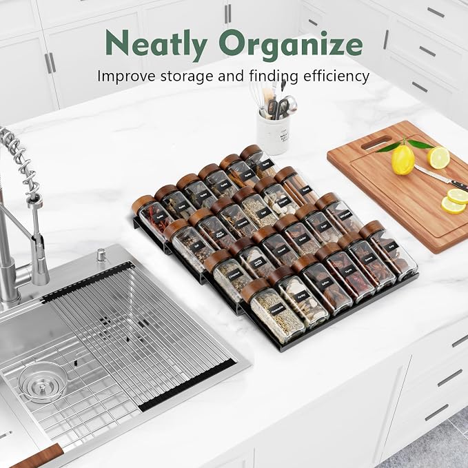 AiQInu Spice Rack Drawer 8 Pieces, Drawer Organiser System from 23 cm to 46 cm, Extendable Kitchen Shelf, Spice Stairs, Spice Insert Drawer, for Kitchen, Worktop, Cupboard, Shelf - Image 8