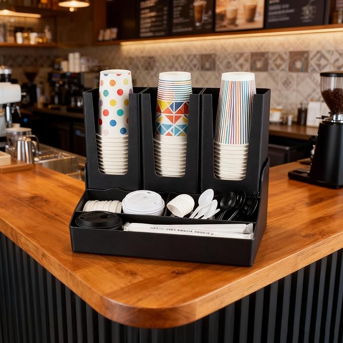 Commercial Cup and Lid Holder with Straw Organizer,Disposable Coffee Cup Condiment Dispenser for Countertop Org, Coffee Bar, Beverage Cup, Kitchen, Breakroom (Combination Cup Holder) - Image 7