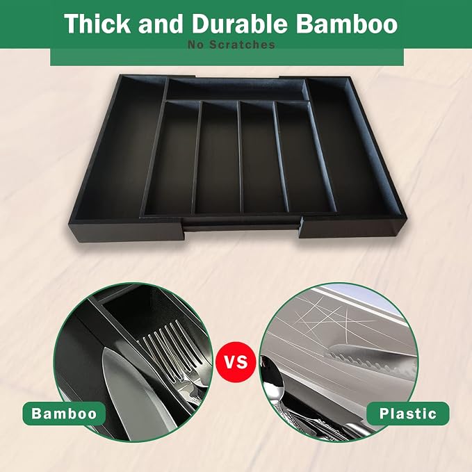 MASS DYNAMIC Cutlery Drawer Organiser, Expandable Bamboo Cutlery Tray for Kitchen Utensil, Adjustable Silverware and Flatware Holder, 7 Slots Storage for Spoons Forks Knives (Black) - Image 6