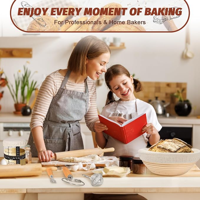 EWFEN Sourdough Starter Kit with Enamel Cast Iron Pot, Complete Sourdough Bread Baking Supplies, Round & Oval Bread Proofing Basket with 34 Oz Starter Jar, Bread Making Tools Kit - Image 9