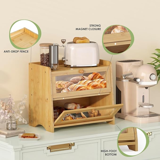 Double Layer Bread Box Container for Kitchen Countertop Homemade Bread | Large Breadbox Storage Wooden Farmhouse Bread Holder (Bamboo, Large-16.54" L x 9.84" W x 14.96" H) - Image 6