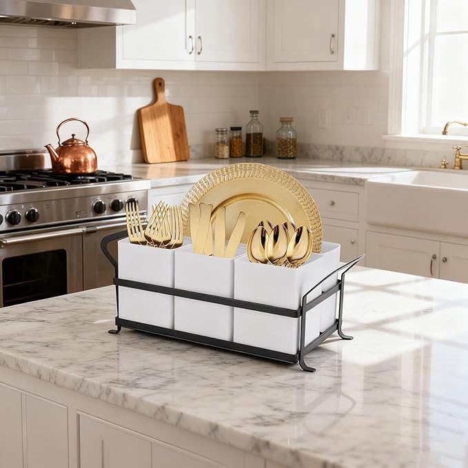 Silverware Caddy Metal Utensil Holder for Party Countertop Silverware Utensil Caddy Cutlery Flatware Organizer for Spoons Forks Plates Napkins white&Black - Image 6