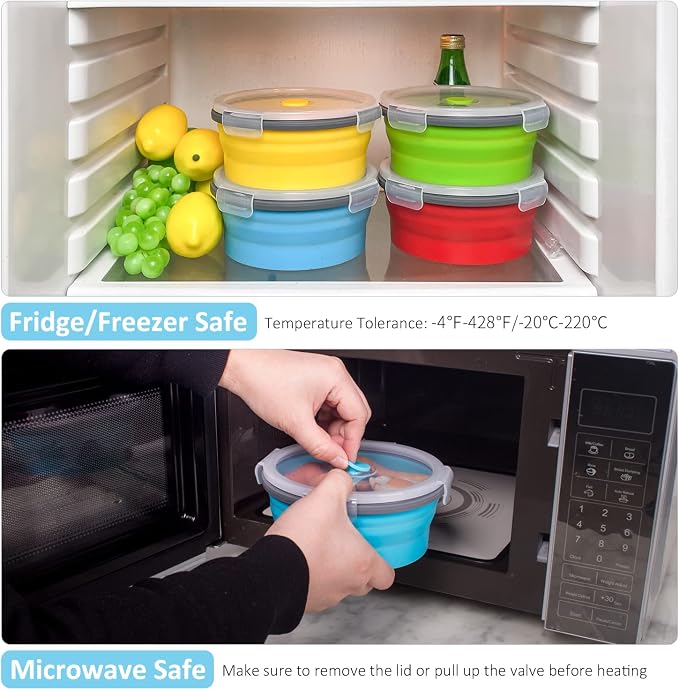 Collapsible Food Storage Containers with Airtight Lid, 27 oz, Kitchen Stacking Silicone Collapsible Meal Prep Container Set for Leftover, Microwave Freezer Dishwasher Safe, 4 Colors Round, Set of 4 - Image 6