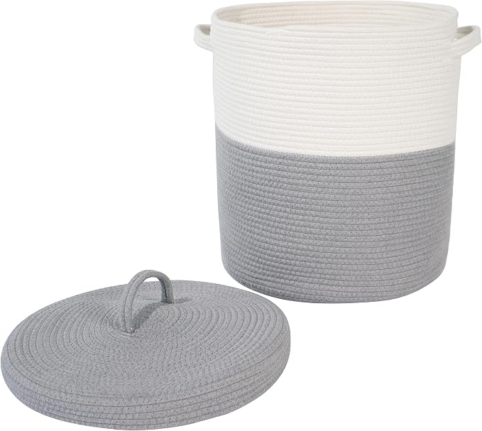 Large Storage Basket with Lid 60L, 16"Wx18"H Woven Laundry Hamper Basket with Handle, Room Decor Cotton Rope Wicker Basket Toy Organizer Bins for Clothes Blankets Pillows, Gray/White Mix includes Lid - Image 7
