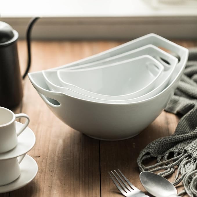 Gomakren Serving Bowls with Handles, Serving Dishes, Porcelain Salad Bowls Mixing Bowl for Entertaining, Nesting Bowl Set of 3, Microwave Dishwasher Safe, 15/28/47 oz, White | Set of 3 - 15/28/47oz, Multi-Size Nesting Bowls, Microwave Dishwasher Safe, ... - Image 6