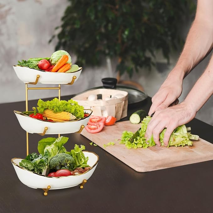 3 Tier Fruit Basket Ceramic Fruit Bowl Vegetable Storage with Metal Rack Porcelain Fruit Stand Storage Holder for Kitchen Counter Large Capacity Fruit Holder for Bread, Snack | Ceramic Bowls, Metal Rack, Large Capacity, Perfect For Fruit, Vegetables, B... - Image 7