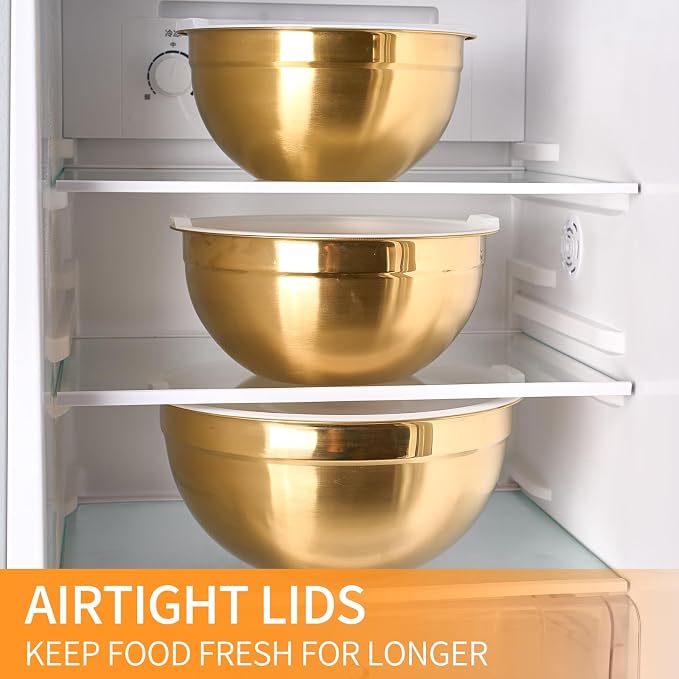 Gold Mixing Bowls with Airtight Lids, Stainless Steel Nesting Mixing Bowls Set of 5, Ideal for Baking, Prepping and Serving Food, Size 5.5, 3.6, 2.7, 2.1, 1.5, QT, Stackable Design - Image 7