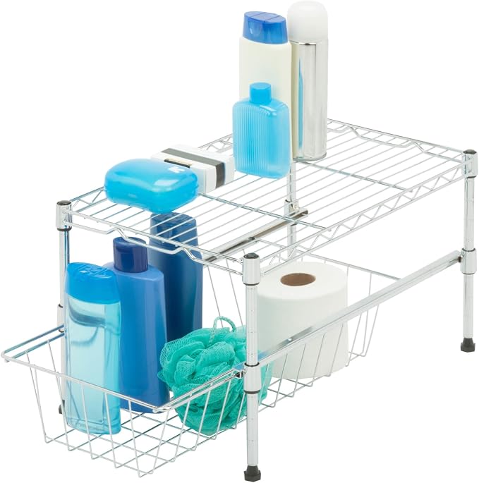Honey-Can-Do SHF-04058 Adjustable Under Cabinet Organizer with Drawer, Chrome, 17.72L x 11.8W x 10.24H - Image 4