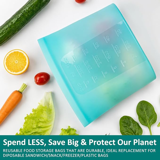 Extra Large Reusable Silicone Food Storage Bags 4 Pack, 0.8 Gallon/3000ml, 100% Silicone Stand-Up Wide-Open Zip-Lock Reusable Bags for Large Items, Microwave Freezer Oven Dishwasher Safe, Aqua - Image 7