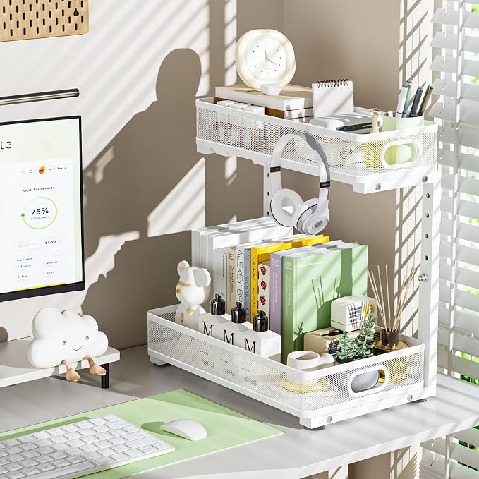 Under Sink Organizer 2 Pack, High Adjustable 2 Tier Under Sink Organizers and Storage, Slide out Metal Cabinet Organizers, Pull out Storage Drawer Shelf for Kitchen Bathroom Cabinet (White) - Image 9