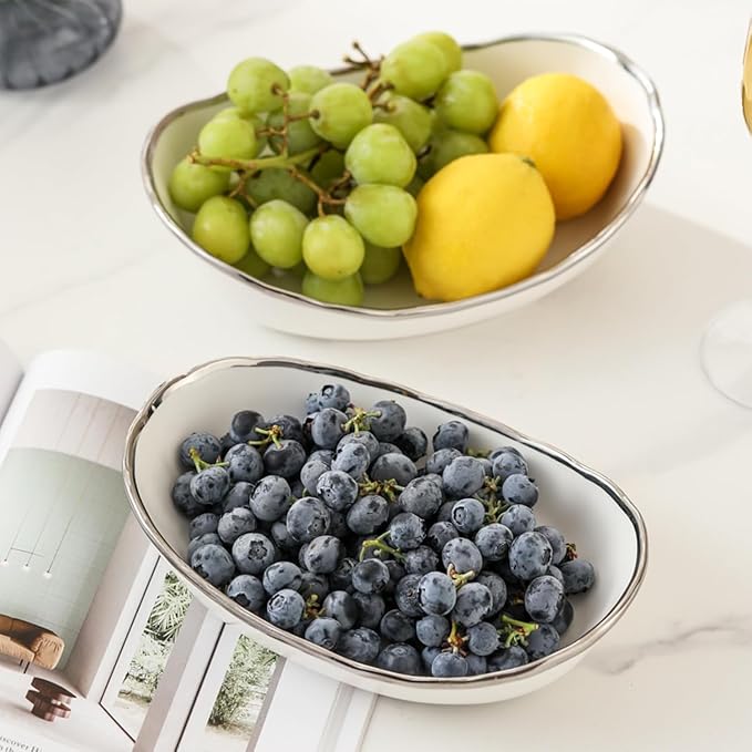 Ceramic Fruit Bowl for Kitchen Counter - 3 Tier Fruit Basket with Metal Stand, Tiered Fruit Stand for Countertop, Snack, Nuts, Cake, Dessert, Cute (Silver-rimmed, Small) S1 - Image 6