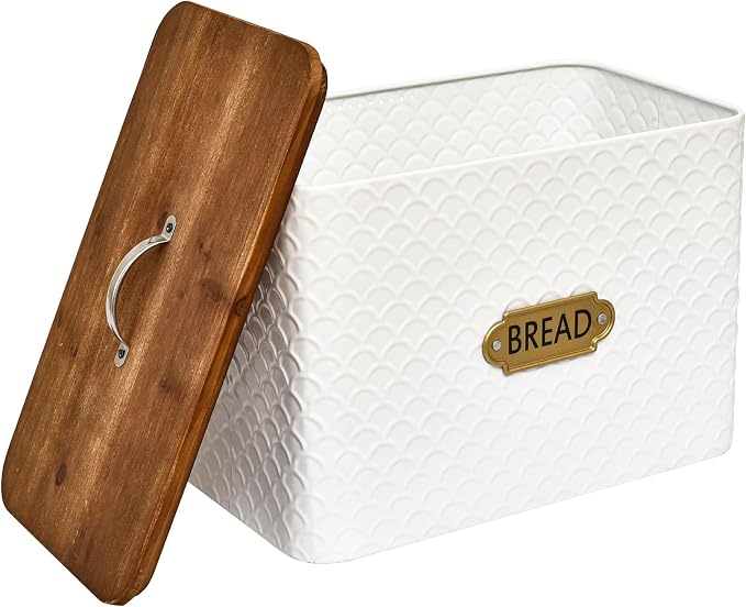 EMAX HOME Extra Large Space Saving Farmhouse Bread Box With Wood Lid - Holds 2 Loaves - Vertical Breadbox Bread Storage Bin Holder for Kitchen Countertop, White - Image 8