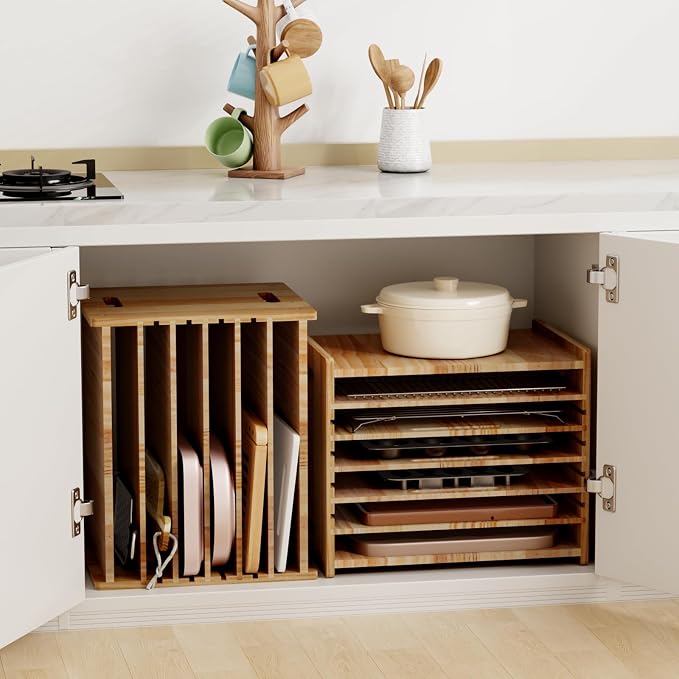 7 Tiers Cookie Sheet Organizer for Cabinet, Wooden Tray Dividers for Kitchen Cabinets Baking Sheet Pan Organizer, for Heavy Pans, Cutting Board, Bakeware, Kitchen Cupboard Storage, Solid Wood - Image 7