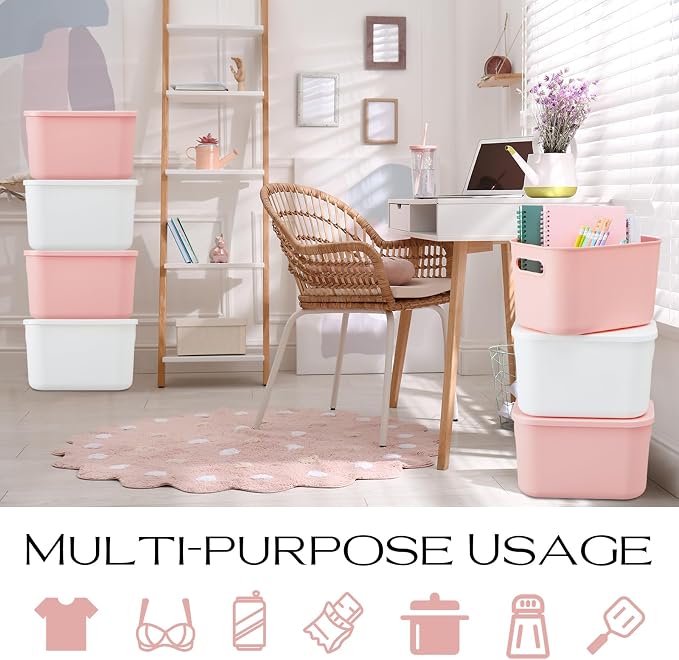 8 Pieces Colorful Storage Bins with Lid, Plastic Storage Basket Organizing Container Stackable Box with Handle for Shelves Desktop Playroom Office(9.8 x 7.1 x 6.3 Inch,White and Pink) - Image 7