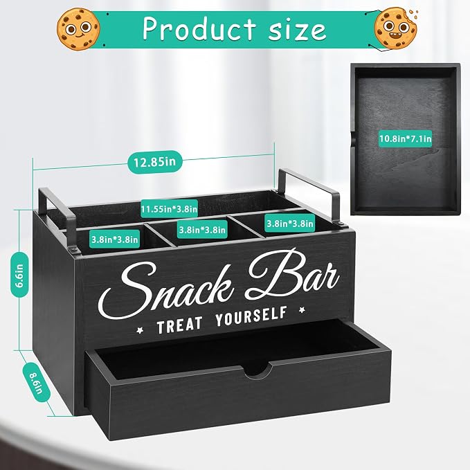 Snack Organizer for Countertop, Wood Pantry Storage Bins with Handles, Snack Bar Organizer for Kitchen, Office, 4 Compartment Food Container Snack Box with Drawer, Pantry Organizer for Chips, Candy - Image 7