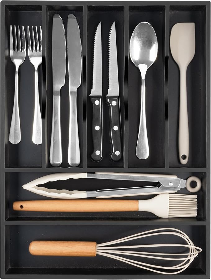 Bamboo Silverware Drawer Organizer, Utensil Kitchen Drawer Organizer, Utensil Holder Cutlery Tray with Grooved Drawer Dividers for Kitchen Utensils and Flatware Bedroom Office (7 Slot, Black) - Image 8