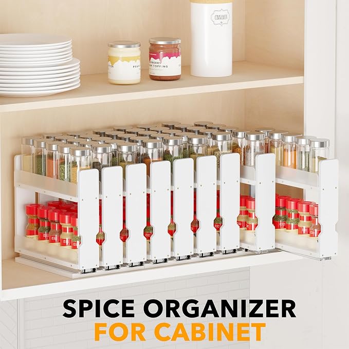 SpaceAid Bamboo Pull Out Spice Rack Organizer for Cabinet, Heavy Duty Slide Out Seasoning Kitchen Pantry Sliding Vertical Organization, 7.6" Wide, 3 Drawers(2" Wide), 2-Tier, White - Image 6
