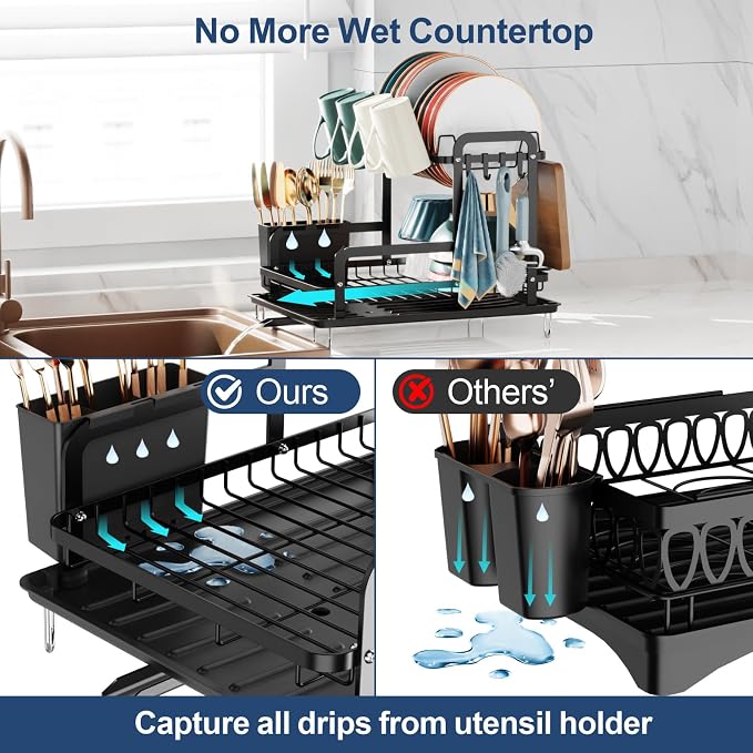 Dish Drying Rack with Drainboard - 2 Tier Dish Racks for Kitchen Counter with Cup Holder, Utility Hooks, Rust-Resistant Dish Drainer with Utensil Holder and Cutting Board Holder, Black - Image 7