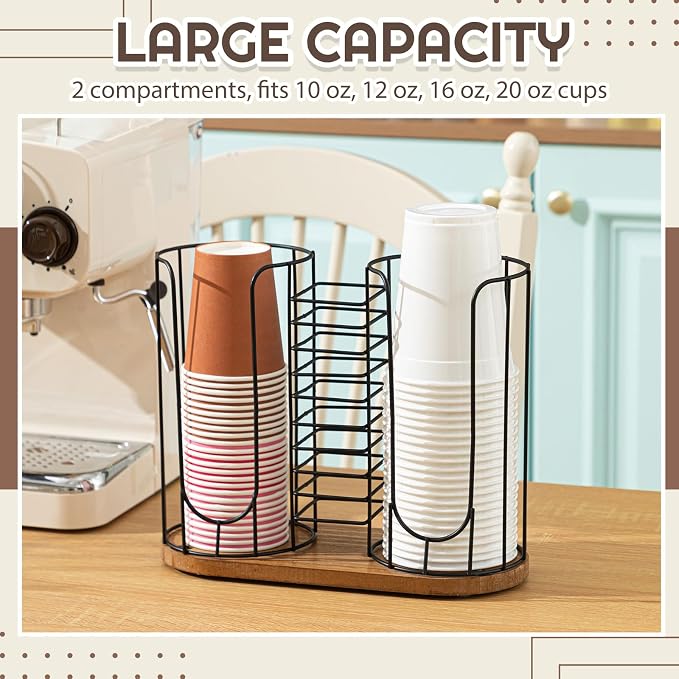 18oz Adjustable Coffee Cup Dispenser with Wooden Base, Cup and Lid Holder, Cups Holder Organizer for Coffee Pod Straw and Lid Storage(3-Compartment Single,Color 1) - Image 7